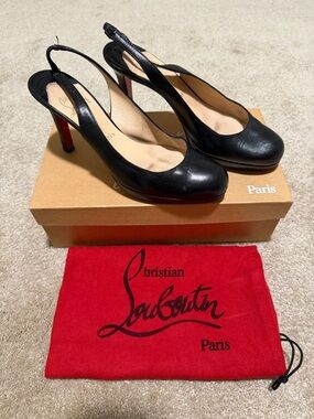 Christian Louboutin Black Slingback Leather Pumps with Red Soles